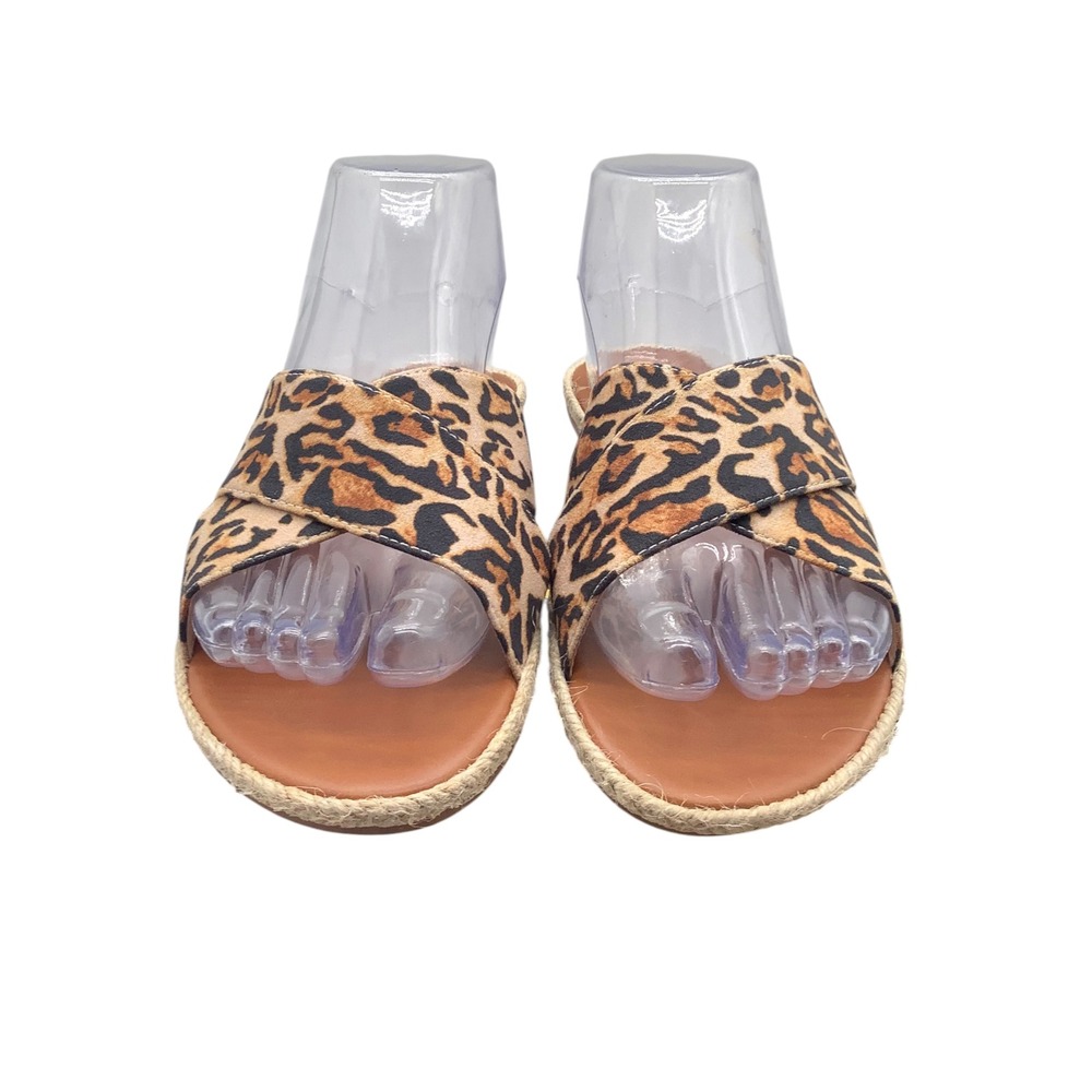 Lulus Koren Leopard Print‎ Cross Strap Slide Sandals Women 6.5 Tan Animal Flat